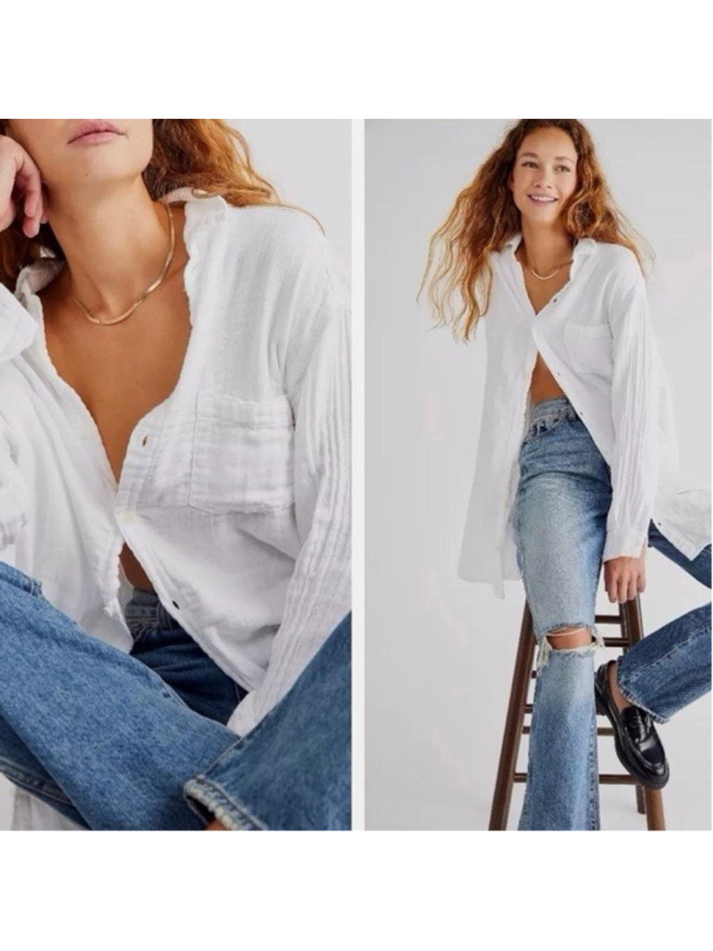 CP SHADES x Free People Marella Double Cloth Button Down Gauze Shirt White MED